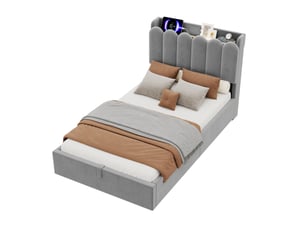 Lit enfant 90 × 200 cm avec coffre hydraulique, tête de lit rembourrée, lampe de lecture, usb et type-c pour chambre
