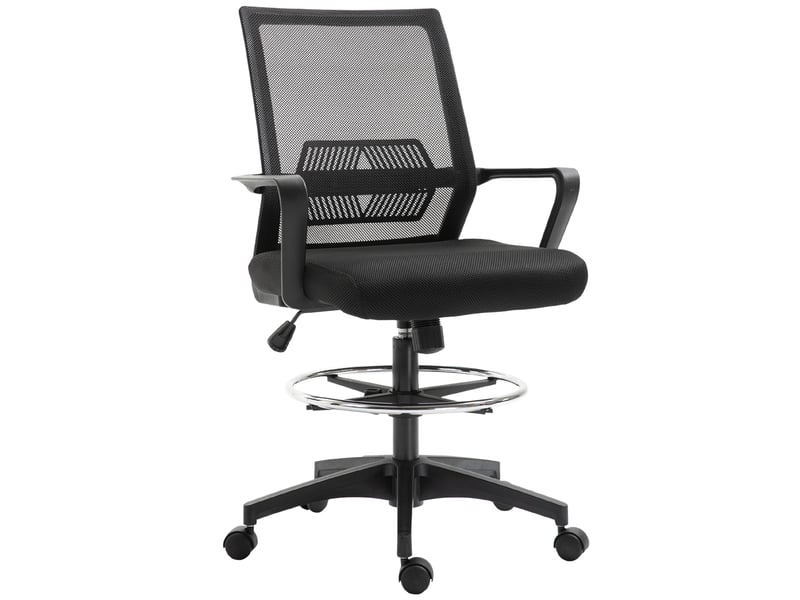  Chaise de bureau réglable en hauteur avec repose-pieds, dossier en maille, roulettes, plastique, noire  - Conforama B