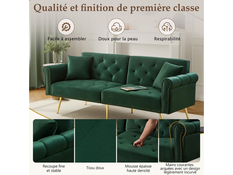 Canapé convertible 2 places en velours vert, dossier réglable 3 positions, pieds en métal doré, idéal pour petits espaces - Conforama W