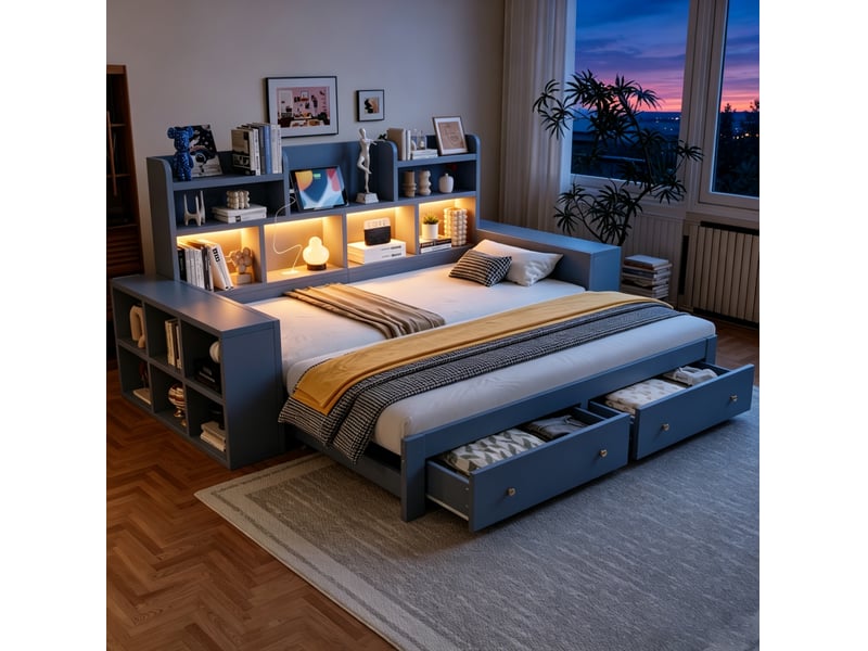 Lit extensible 90x200 à 180x200 cm gris avec rangement et led - Conforama D