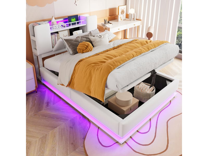  Lit coffre rembourré 90x200 cm coloris beige led tissu lit enfant beige - Conforama B