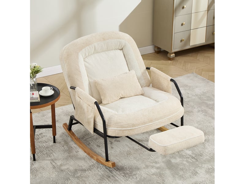  Fauteuil à bascule modenvie inclinable avec repose-pieds et poches latérales en fausse fourrure beige 80 x 87 x 95 cm  - Conforama B