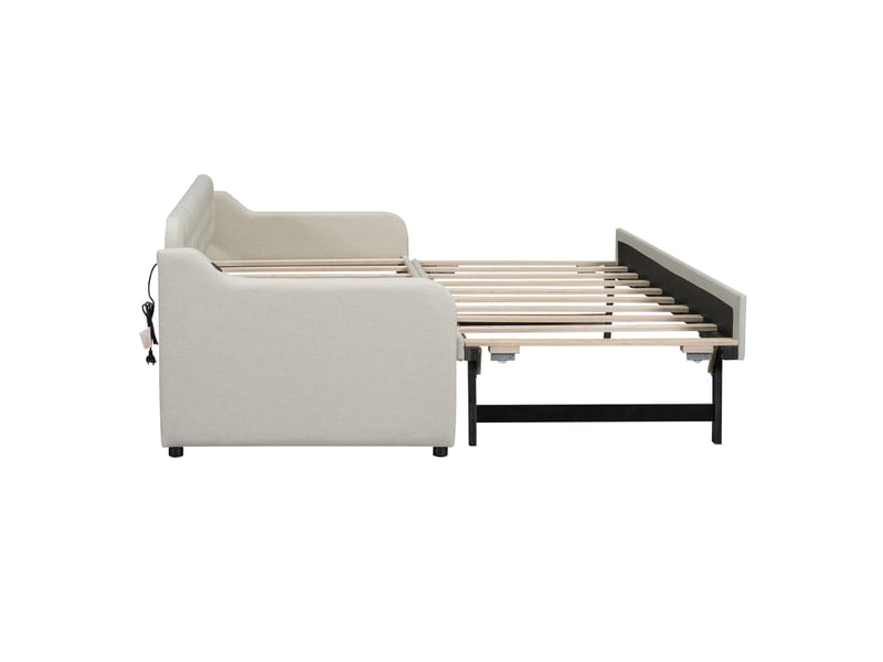  Canapé-lit 2 places avec port usb, lit gigogne extensible avec sommier à lattes, recommandé pour matelas de 10-15 cm, beige  - Conforama R