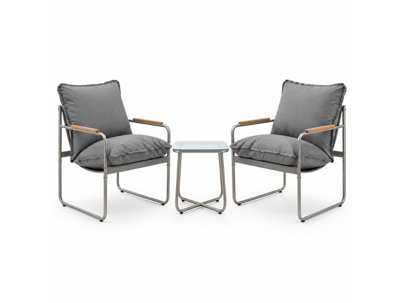  Salon de balcon 2 fauteuils 70,7x58,5x80 cm, table 45x45 cm gris métal et verre, coussins inclus  - Conforama A