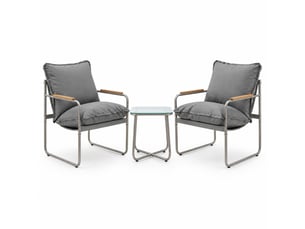 Salon de balcon 2 fauteuils 70,7x58,5x80 cm, table 45x45 cm gris métal et verre, coussins inclus