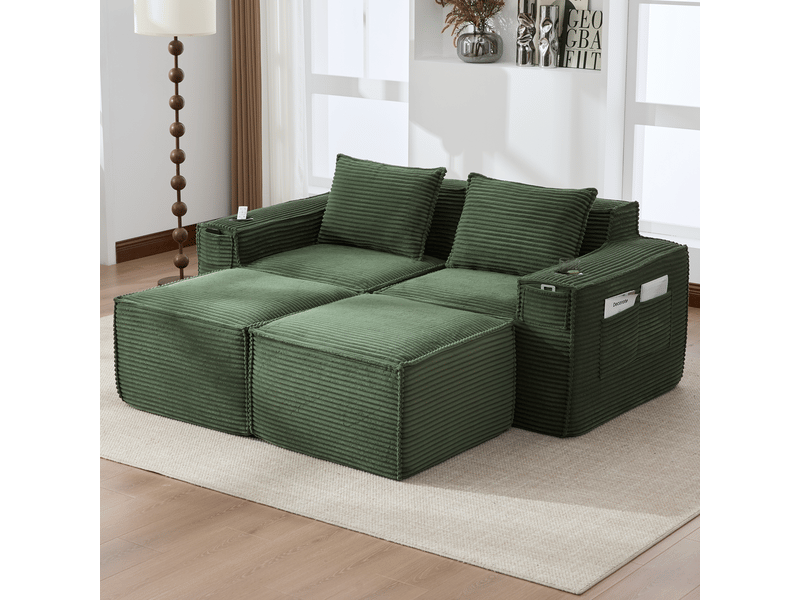  Canapé modulaire 2 places avec 2 poufs et porte-gobelets - lpospi - poches latérales, velours côtelé vert  - Conforama C