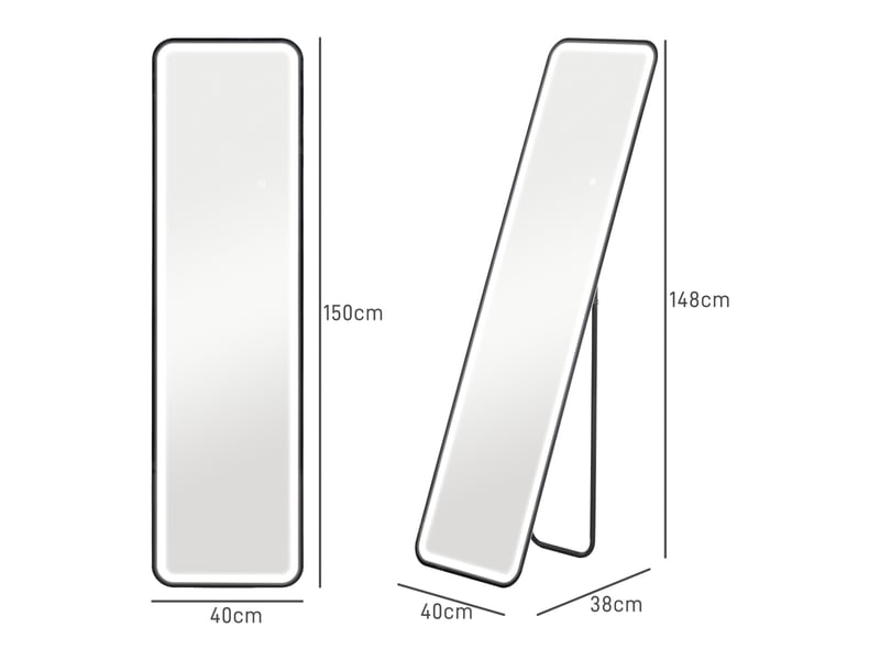  Miroir pleine longueur 150 x 40 cm avec éclairage led 3 couleurs, fonction mémoire et commandes tactiles intelligentes, noir  - Conforama E
