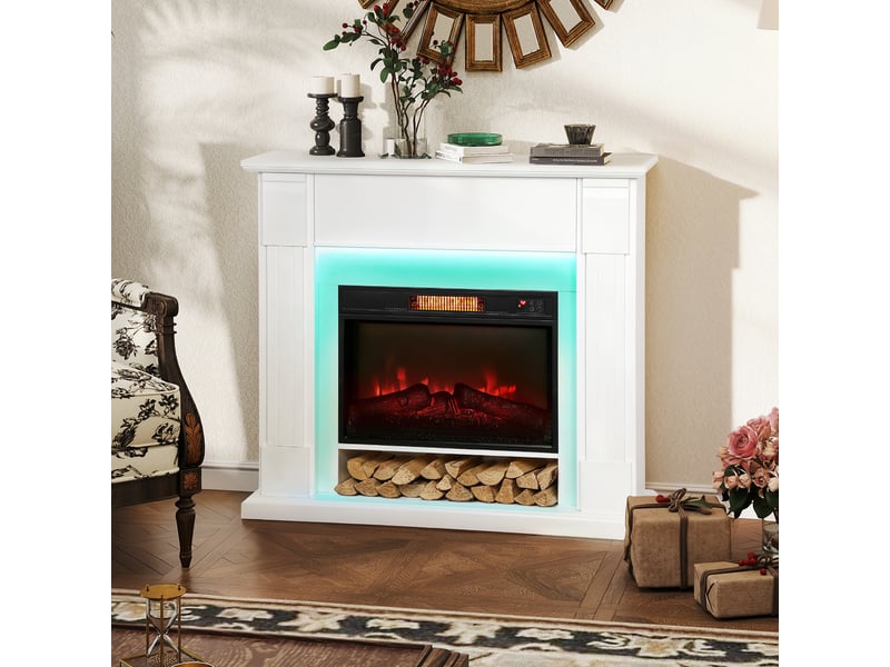  Cheminée électrique encastrable avec effet flamme 3d, bande lumineuse led rgb, 1800 w, minuterie, thermostat, blanche  - Conforama C