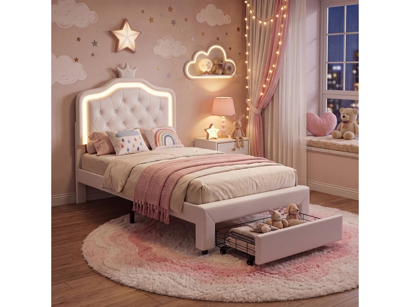  Lit enfant 90x200 cm avec 1 tiroir, lit simple en pu blanc avec tête de lit en forme de couronne réglable et éclairage led, structure de lit avec sommier à lattes  - Conforama D
