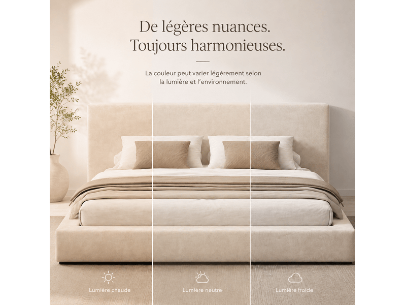  Lit 2 places 180x200 cm – beige – cadre capitonné en tissu chenille avec sommier, sans matelas  - Conforama E