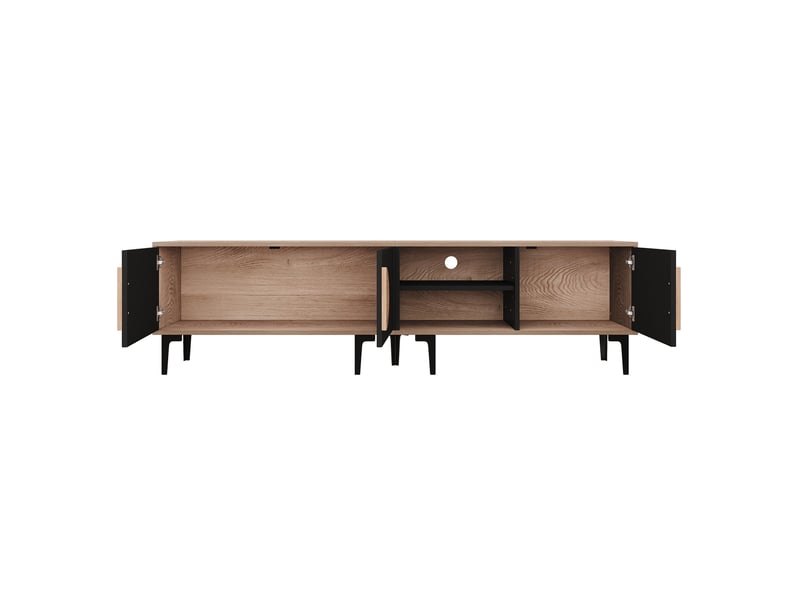  Meuble tv 3 portes, 2 niches, fermeture douce pour le salon en panneaux de particules 180×35×49 cm noir bois naturel  - Conforama D