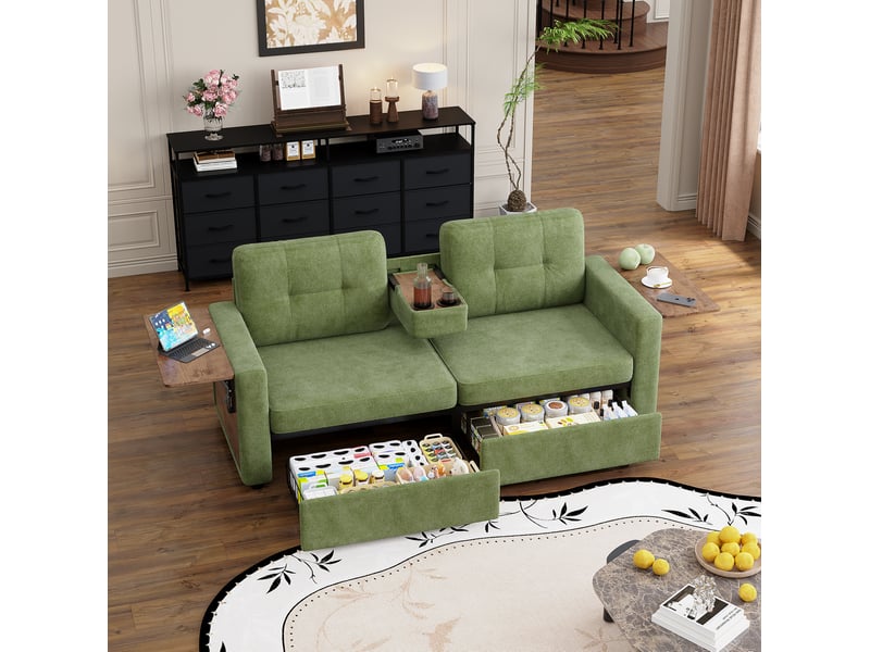  Canapé droit 2 places avec tiroirs de rangement, tablettes rabattables et porte-gobelets en tissu chenille vert  - Conforama D
