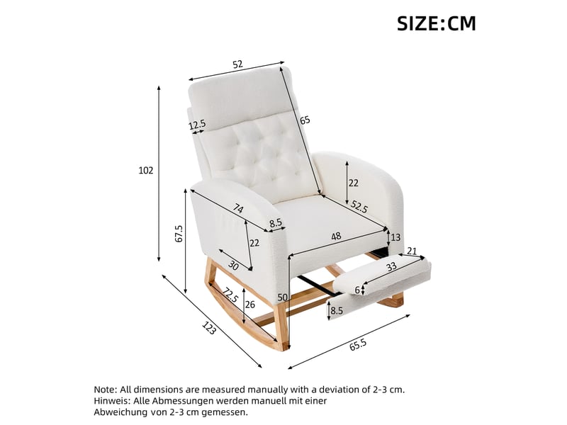Fauteuil à bascule blanc 65,6 × 123 × 102 cm, tissu bouclette et bois, repose-pieds réglable, poches latérales - Conforama B