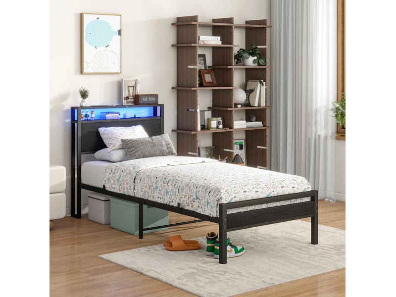  Lit métal 90 × 200 cm 1 place avec rangement, usb, prise et éclairage led, sans matelas, noir  - Conforama C