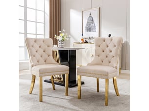 Lot de 2 chaises de salle à manger en velours avec heurtoir à l'arrière,garniture en tête de clou et pieds en acier inoxydable plaqué or,beige