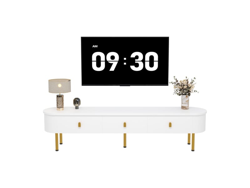  Meuble tv avec tiroirs, poignées et pieds dorés, coins arrondis et rangement meuble tv avec rangement  - Conforama E