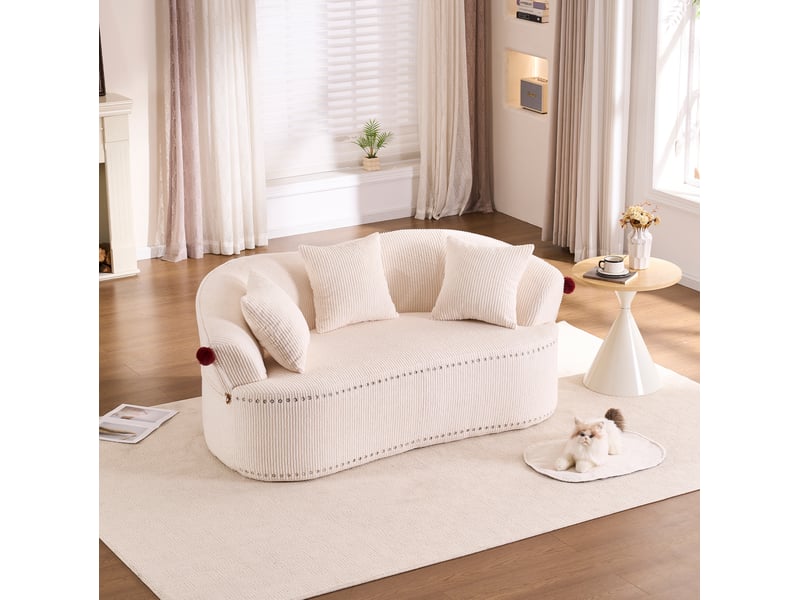  Canapé droit 2 places compressé 163x93x68 cm design chapeau de clown, pour salon, en mousse et velours côtelé, blanc  - Conforama E