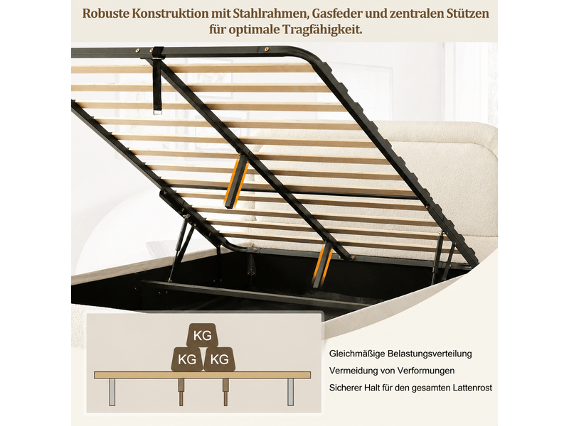  Lit coffre 140x200 cm beige, tissu bouclé, sommier relevable hydraulique, tête de lit rembourrée, pieds en bois massif, sommier à lattes inclus  - Conforama E