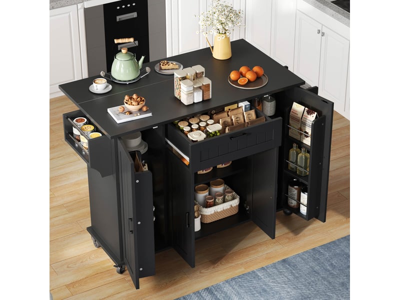  Desserte de cuisine noire 120 x 4570 x 95 cm, 4 portes, 1 tiroir et roulettes  - Conforama D