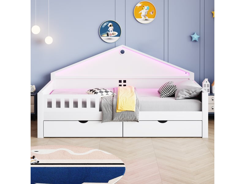  Lit enfant 90x200 cm blanc avec bandeau led contrôlable, 2 tiroirs et sommier à lattes inclus  - Conforama R