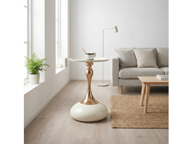  Table d'appoint ronde 38 cm, coloris blanc et or, style compact pour petits espaces, acier carbone  - Conforama E