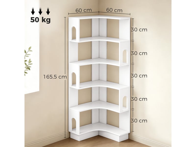  Bibliothèque d'angle, étagère de rangement à 6 niveaux avec panneaux latéraux arqués, 60 x 60 x 165,5 cm, blanc  - Conforama E