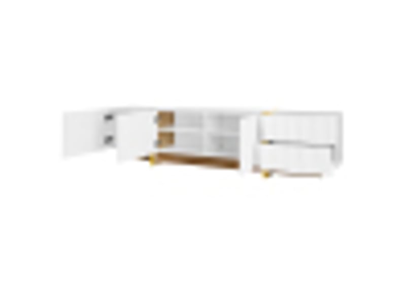  Meuble tv 190 cm blanc et or avec veinage bois, 3 portes, 2 tiroirs, grand rangement, design moderne pour salon  - Conforama E