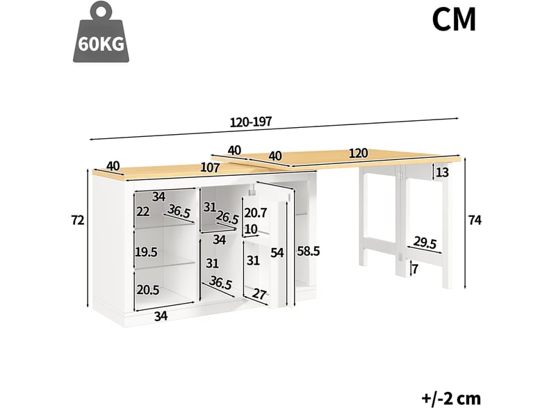 Îlot de cuisine extensible 120 à 197 cm, pivotant à 360°, avec led rgb, blanc - Conforama E