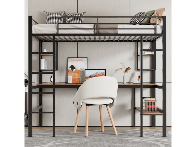Lit mezzanine 90x200 cm avec étagères, structure acier, sommier, protection, métal + mdf, noir, sans matelas - Conforama W