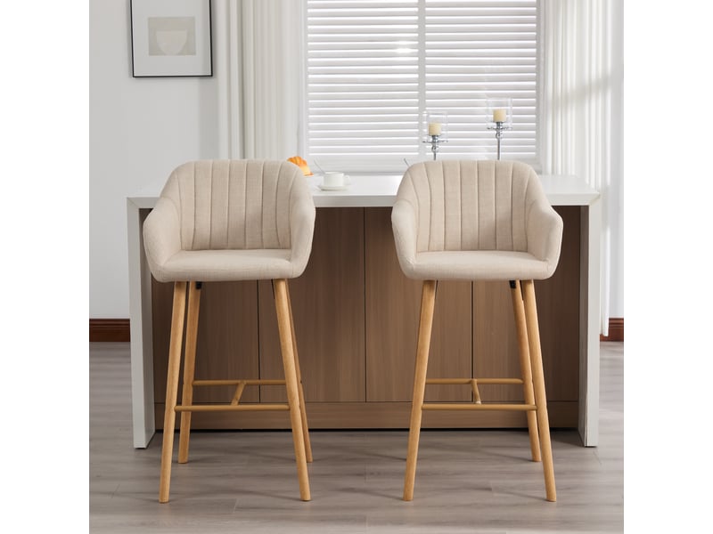 Lot de 2 tabourets de bar 58,5x55x104 cm, dossier haut, accoudoirs, meuble de cuisine, meuble de salon, tissu lin beige  - Conforama D