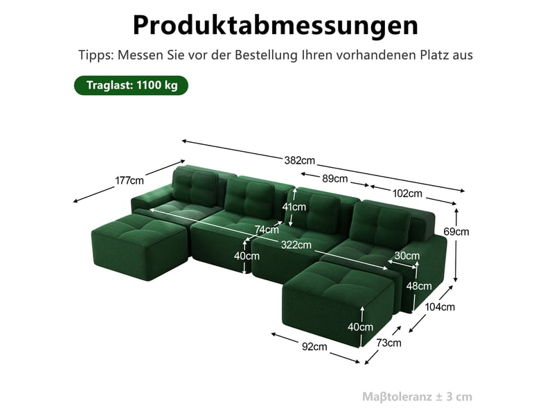 Canapé modulable ulevr 4 places en u avec méridiennes, velours côtelé vert, assise profonde 74 cm, 382 x 177 x 69 cm  - Conforama C