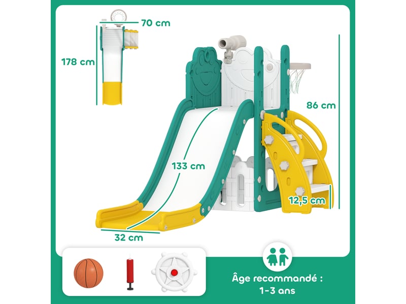 Toboggan pour tout-petits 5 en 1 toboggan autoportant pour enfant avec panier de basket, télescope, 178x70x86cm, jaune - Conforama C