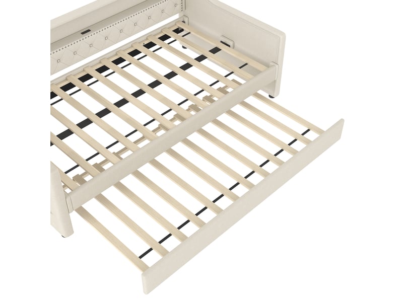 Lit de jour 90x200 canapé lit avec lit gigogne, lit banquette en lin beige avec led et port usb  - Conforama W