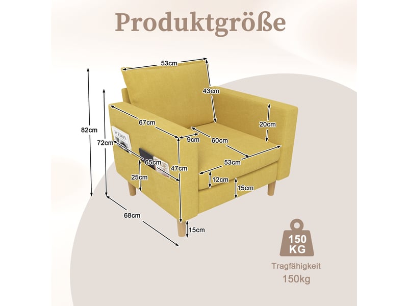  Fauteuil de loisirs 1 place en chenille jaune moutarde avec poche de rangement  - Conforama C