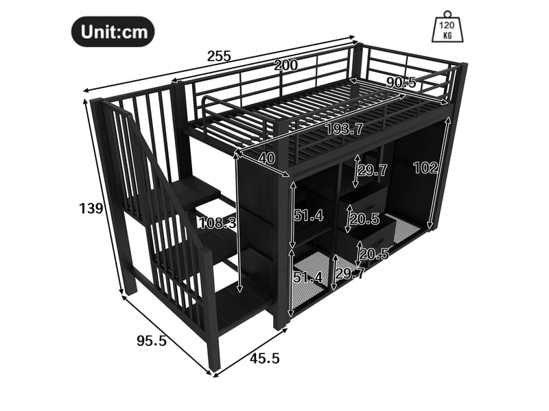  Lit mezzanine 90x200 cm coloris noir led métal lit enfant noir - Conforama C