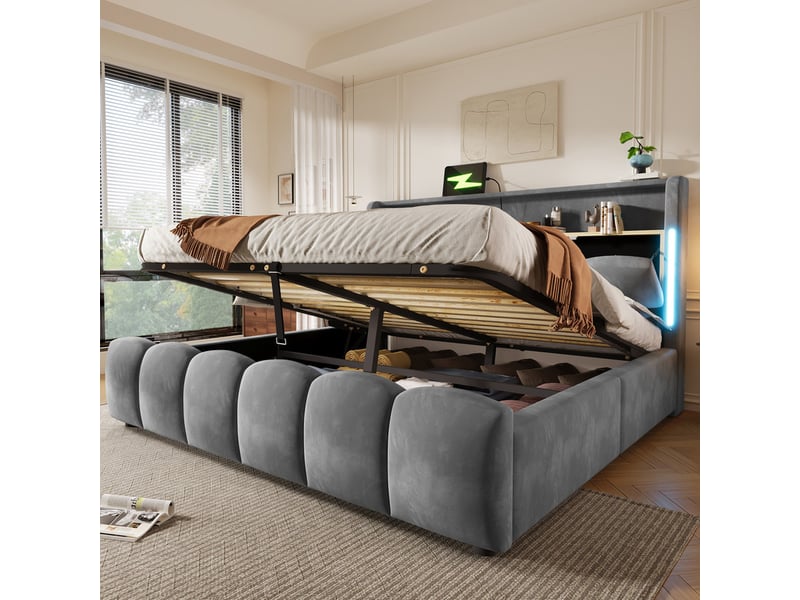 Lit double 180x200cm, avec led, tête rangement, coffre hydraulique, ports usb et type-c, velours gris - Conforama D
