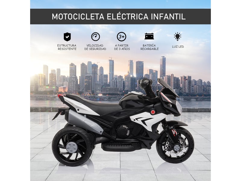  Tricycle électrique pour enfants à 3 roues, batterie rechargeable 6v, fonctions musicales, klaxon, phares, 86 x 42 x 52 cm, noir et blanc  - Conforama E