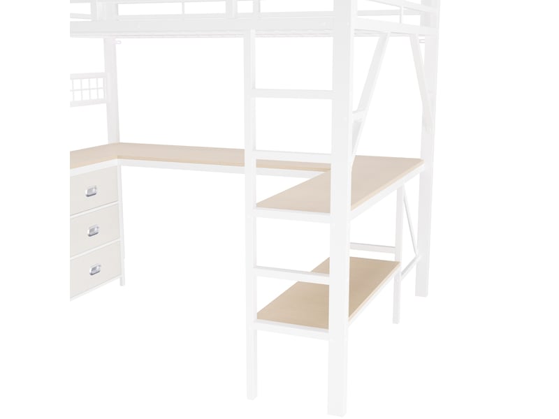  Lit mezzanine 140 × 200 cm 2 places avec bureau, 6 tiroirs, étagères et éclairage led, sans matelas, métal et mdf blanc  - Conforama E