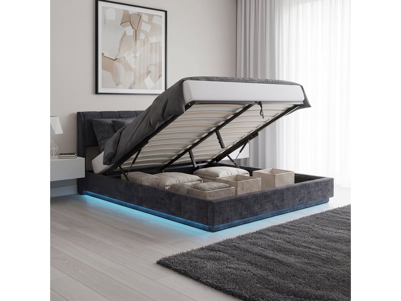  Lit double capitonné tröstiar avec éclairage led 180 x 200 cm bleu [en.casa] Tröstiar - Conforama E