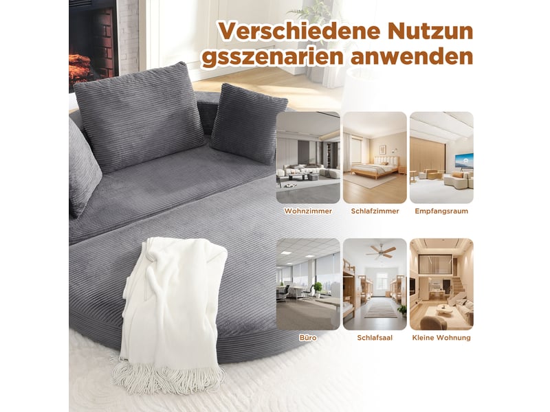 Canapé convertible 2 places en velours côtelé, 2-en-1, lit ovale 173×176 cm, sans montage, 3 coussins inclus - Conforama R