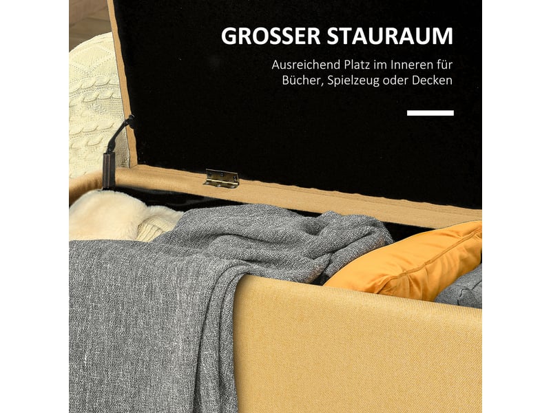  Banc rembourré avec coffre de rangement en tissu aspect lin jaune mesurant 101 cm de large 38,5 cm de profondeur et 44,5 cm de hauteur pour une charge maximale de 150 kg  - Conforama E