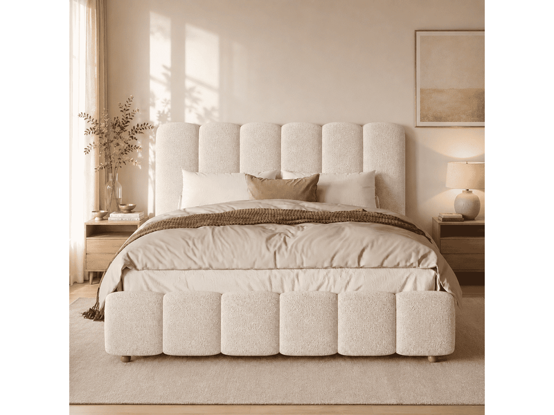 Lit coffre rembourré 140 x 190 cm avec relevage hydraulique, sommier à lattes, tête de lit, bouclé blanc Jamama eleni - Conforama D