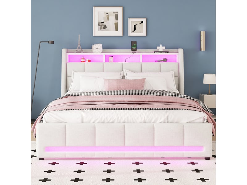  Lit 2 places 140x200 cm avec led, rangements et tiroirs coloris beige  - Conforama D