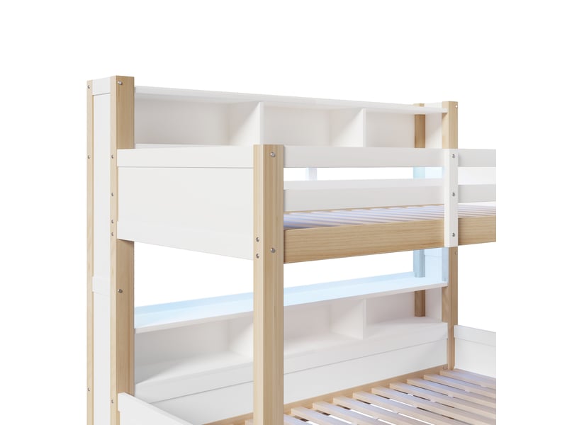 Lit superposé enfant avec couchage double en bas, 90x200 et 140x200 cm, rangements, tiroir et éclairage led - Conforama R