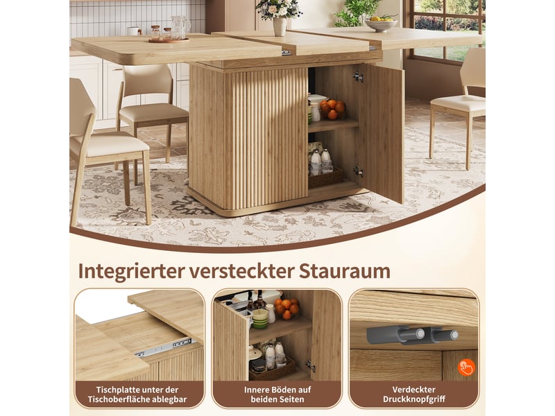  Table à manger extensible 140-180x80 cm avec rangement caché, portes rainurées verticales, pieds réglables, mdf effet bois clair, structure métal  - Conforama E