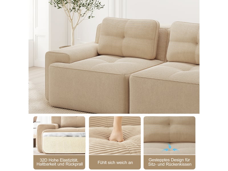  Canapé modulable 3 places en velours côtelé beige avec 3 poufs W3325S00213 - Conforama D