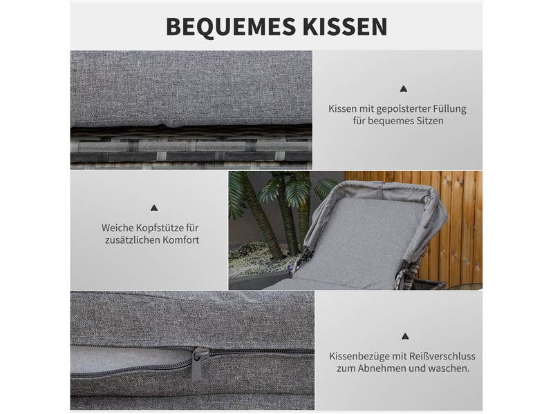  Chaise longue de jardin en résine tressée, avec pare-soleil, dossier réglable, coussin, pour terrasse et balcon  - Conforama E