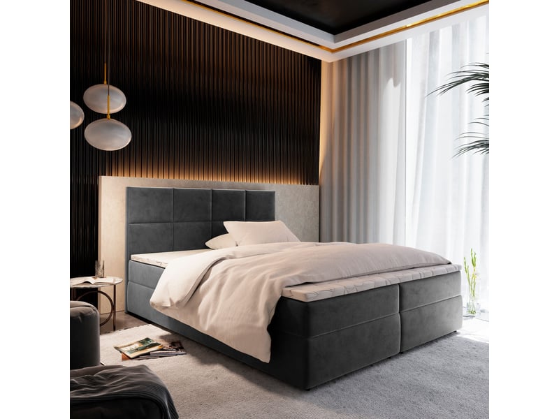 Boxspring lena 200x200 cm, lit complet avec matelas, gris - Conforama B