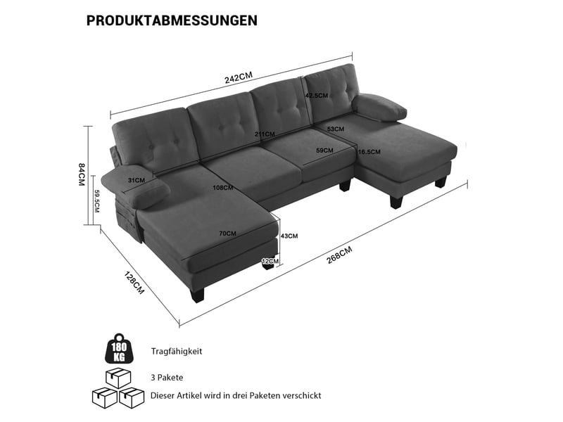 Canapé panoramique en u 4 places en tissu chenille gris avec doubles méridiennes  - Conforama C