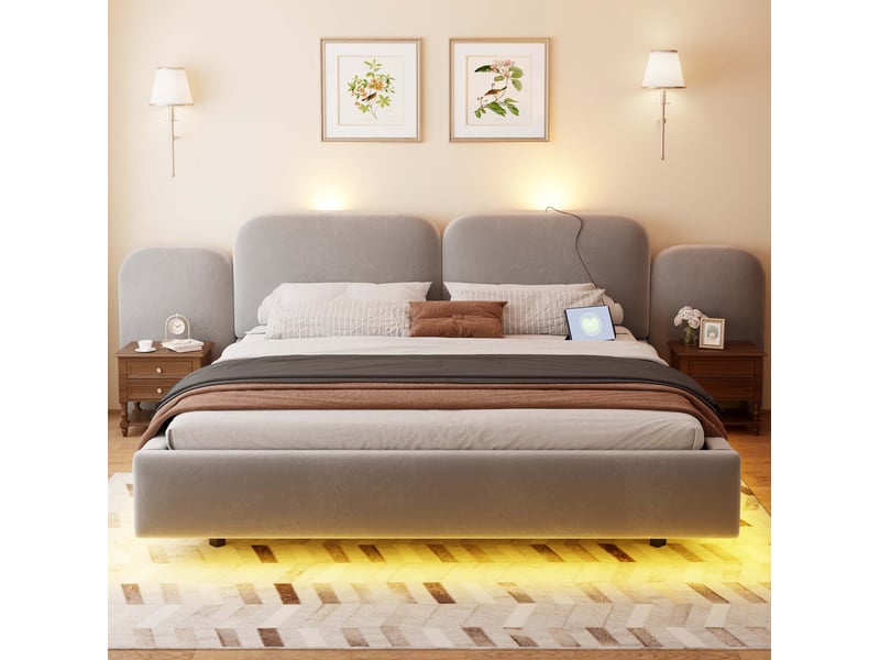  Lit coffre 180x200 cm en velours gris avec led rgb et usb  - Conforama E